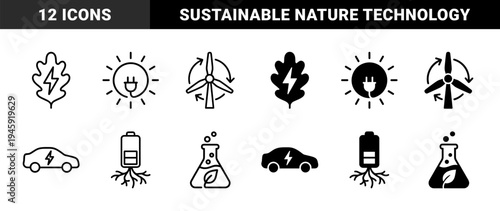 Sustainable Green Energy Hybrid Icons Featuring Leaf Bolt Combination Solar Plug Sun Windmill Rotation Electric Car Battery Root and Bio Lab Flask