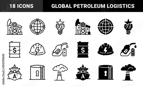 Hybrid energy and global petroleum industry icons merging oil rigs with microchips fuel nozzles with batteries and cargo ships with navigation symbols
