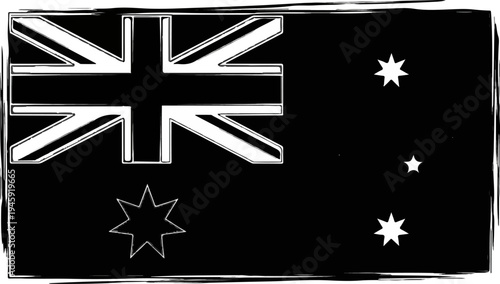 Grungy black and white illustration of the Australian flag with a distressed border