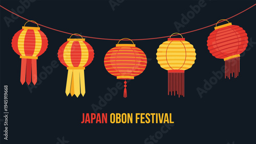 Festive hanging red and yellow paper lanterns on a dark background with the text japan obon festival for cultural event promotion.