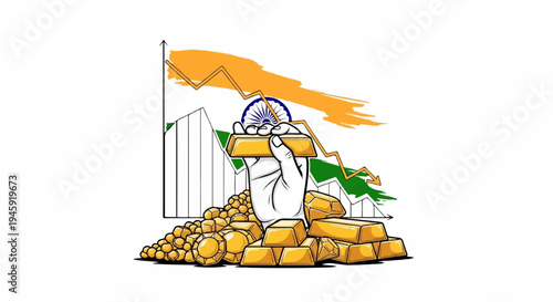 Hand holding gold bar above pile with falling stock market chart