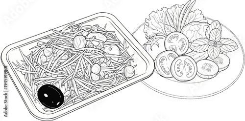 Hand-drawn illustration of a fresh salad with olives, tomatoes, and herbs