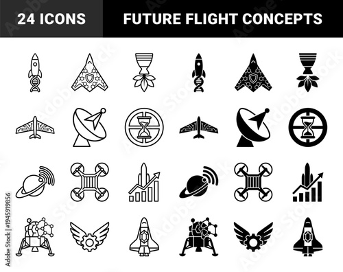 Hybrid Aerospace and Technology Symbol Set Featuring Rocket DNA Strands Satellite Planets Drone Outlines and Galactic Navigation Elements