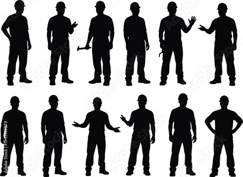 Set of construction worker silhouettes in various standing poses holding tools, black isolated laborer figures collection for industry, workforce, engineering and manual labor concepts