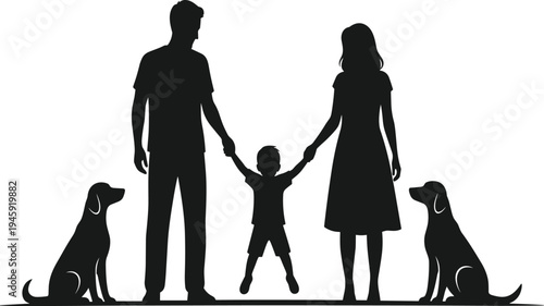 Family silhouette illustration, parents with child, dogs included artwork, togetherness design, unity concept graphic, companionship symbol, parenting and pets scene