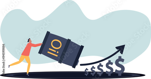 man pouring oil from a barrel with an increasing dollar price chart nearby, symbolizing rising oil prices, energy market growth,