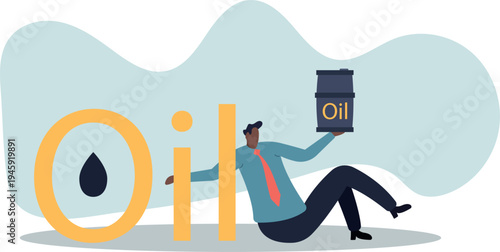 Oil Industry Concept . Man Sitting Near Oil Text Holding Barrel Vector Illustration.