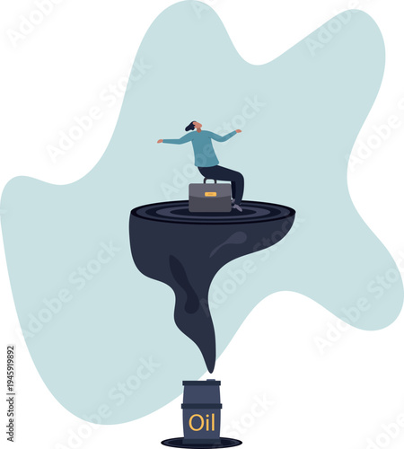 Oil Profit Concept .Businessman Sitting on Briefcase Riding Oil Wave from Barrel Vector Illustration.