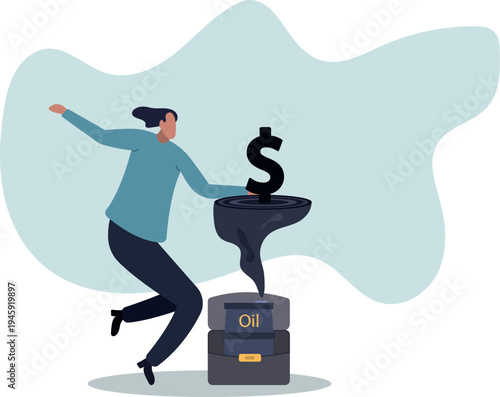 businessman with a briefcase containing an oil barrel and a high splash of oil with a dollar sign. Symbol of oil profits.