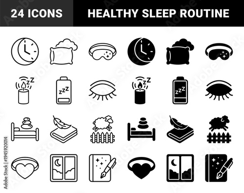Linear and solid hybrid sleep icons featuring conceptual combinations of crescent moon clocks dream bubbles and battery status for wellness apps