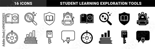 Hybrid education and knowledge exploration icons merging books with clocks shields backpacks compasses bar graphs keys and fountain pen nibs
