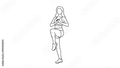 Simple line art drawing of a fit woman practicing a high knee standing exercise as part of her fitness routine for health and body maintenance.
