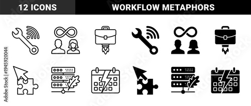 Hybrid business productivity and digital infrastructure symbols featuring briefcase rocket server leaf and calendar lightning bolt in outline and solid styles
