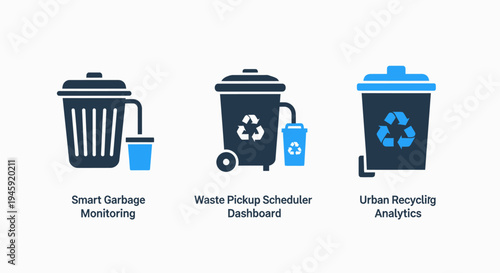 Smart city icons: garbage monitoring, waste pickup scheduling, urban recycling analytics, waste management, garbage collection