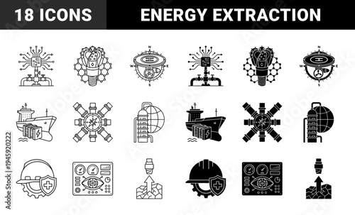 Offshore energy extraction and maritime logistics icons featuring industrial drill bits with molecular structures and cargo ships with battery storage