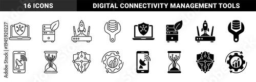 Hybrid network infrastructure and data management icons featuring merged symbols of connectivity security performance and green server technology