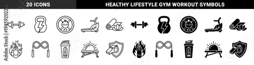 Hybrid fitness and wellness icons merging exercise equipment with organic elements like leaves and lotus flowers in outline and solid styles