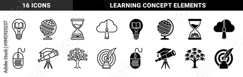 Hybrid education and learning icons combining academic symbols like graduation caps and books with hourglasses globes lightbulbs and telescopes