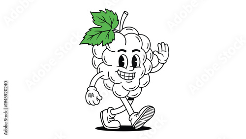 Vintage cartoon style character of a smiling green-leafed white grape bunch with arms and legs walking cheerfully in a retro mascot design.