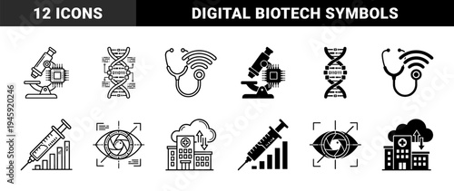 Hybrid medical technology icons merging healthcare symbols with digital data elements including dna sequences and smart diagnostic tools