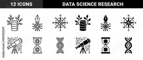 Data Science and Digital Innovation Symbols Merging Technology with Nature and Science in a Clean Linear and Solid Glyph Hybrid Style