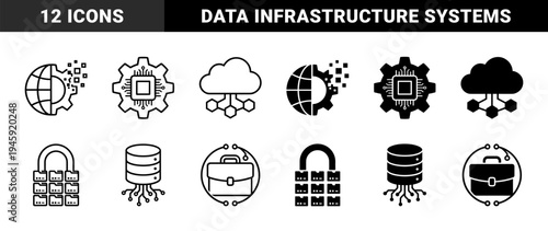 Hybrid digital transformation icons merging global networks with mechanical gears cloud computing infrastructure and database hardware integration