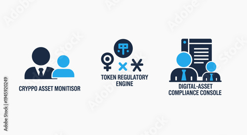 Crypto asset monitor, token regulatory engine, and digital asset compliance console icons