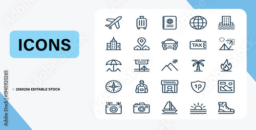 Travel Icons Set: A collection of various icons representing diverse facets of the travel experience, including transportation, landmarks, and activities, offering a visual journey for travelers.