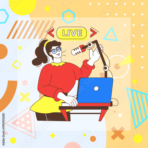 Creative geometric card. People create social media content. Online radio broadcast. Woman recording podcast with mic. Live streaming. Abstract color flat shapes. Laptop and microphone. Vector concept