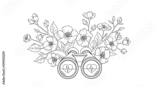 Artistic black and white line drawing of binoculars surrounded by blooming flowers with heart rate symbols in the lenses for observation theme.