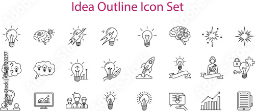 Idea outline icon set creativity brain lightbulb rocket solution innovation brainstorming thinking inspiration genius thought process spark new ideas creative icons