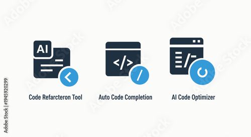 Ai code tools icons: refactoring, auto-completion, and optimization for software development, code editor