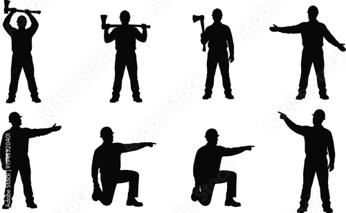 Set of construction worker silhouettes holding tools, pointing and kneeling poses, builder and laborer icons for engineering, maintenance, industry workforce, safety concept illustration