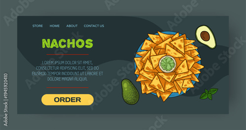 Mexican food landing page. Street meal. Nachos with avocado guacamole sauce. Website design template. Restaurant order. Lunch cafe web menu. Spicy snack from Mexico. Color sketch. Vector background