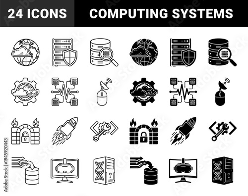 Hybrid technology and computing icons merging cloud systems with globe gears database storage and biometric server hardware in line and solid styles