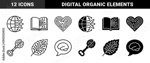Biotechnology and digital intelligence hybrid symbols featuring circuit integrated organic shapes like brain heart leaf and dna helix in outline and solid styles
