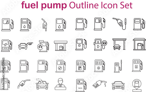 Fuel pump outline icon set for gas station services including diesel dispensers gasoline nozzles car refueling and energy power symbols