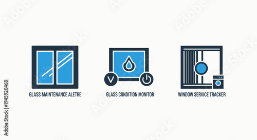 Home maintenance icons: window alert, condition monitor, service tracker for property management