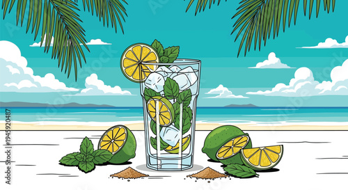 Illustration of a lime cocktail with mint on a tropical shore