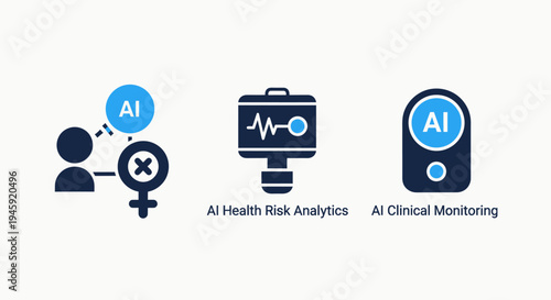 Ai health risk analytics and clinical monitoring icons for artificial intelligence medical diagnostics and data