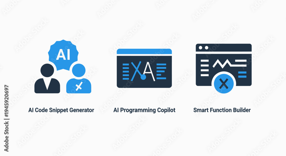 Fototapeta premium Ai code snippet generator, programming copilot, and smart function builder icons