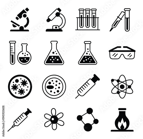 Collection of Science and Laboratory Microscopes, Beakers, Syringes, and More