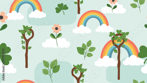 Whimsical St. Patricks Day pattern with rainbows, clouds, wooden staffs, shamrocks, and green leaves on a soft blue background for Irish themes.