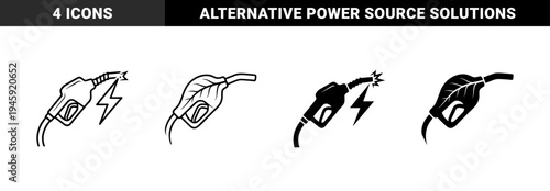 Fuel pump nozzle hybrid design merging gasoline dispenser with electric bolt and organic leaf symbols in outline and solid styles