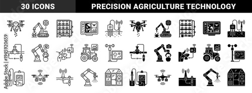 Smart Agriculture Hybrid Icon Set Featuring Automated Farming Robots Drones Soil Sensors Livestock Monitoring and Sustainable Hydroponic Systems
