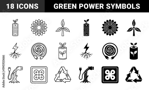 Hybrid renewable energy and sustainable technology icons merging organic plant elements with electrical power symbols and green charging metaphors