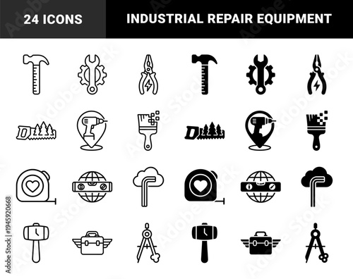 Hybrid construction and maintenance tool symbols merging industrial gear with cloud computing global positioning and measurement concepts in outline and solid styles