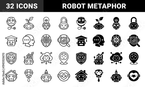 Collection of hybrid robot symbols merging artificial intelligence with healthcare education growth security and creative business metaphors in dual stroke and solid styles
