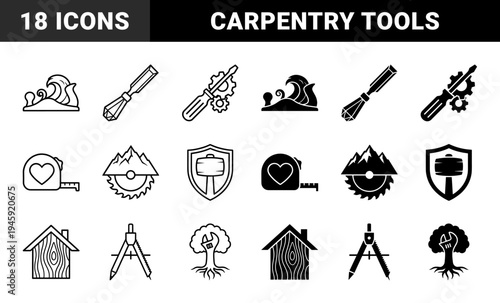 Hand Tool and Woodworking Symbols Merged with Nature and Industrial Elements Featuring Dual Outline and Solid Hybrid Geometric Design Concepts