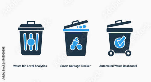 Waste bin level analytics, smart garbage tracker and automated waste dashboard icons